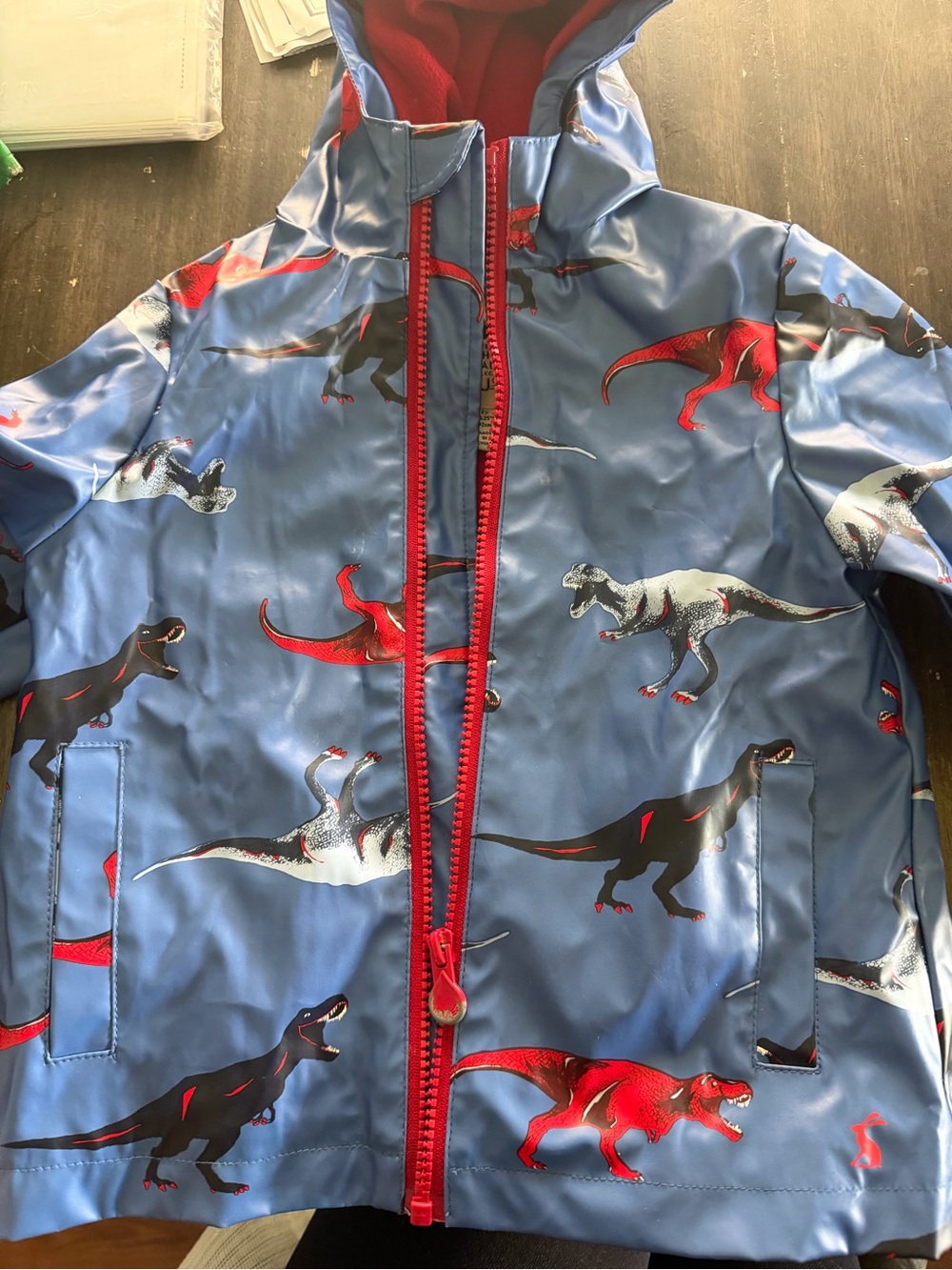 Joules Kids Dino Raincoat in Blue with Red Accents